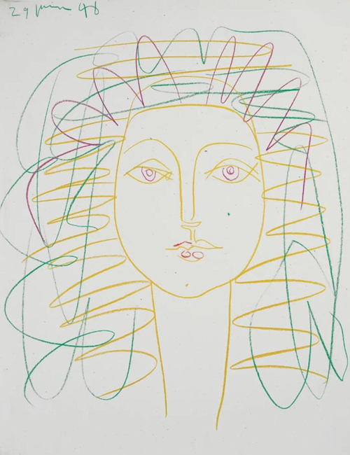 巴布罗&middot;毕加索，《女子头像（弗朗索瓦丝）》，设色蜡笔 纸本。65.7 x 50.5 cm.，1946年作，估价︰500,000 - 700,000美元。此作将于12月3日在佳士得纽约战后及当代艺术（日间拍卖）中呈献。&copy; 2020 Estate of Pablo Picasso / Artists Rights Society (ARS), New York.