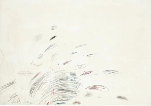 塞&middot;托姆布雷（1928-2011） 《无题》，颜色笔 石墨 原子笔 纸本，69.2 x 99.1 cm.，1964年作。估价︰250,000 - 350,000美元。此作将于12月3日在佳士得纽约战后及当代艺术（日间拍卖）中呈献